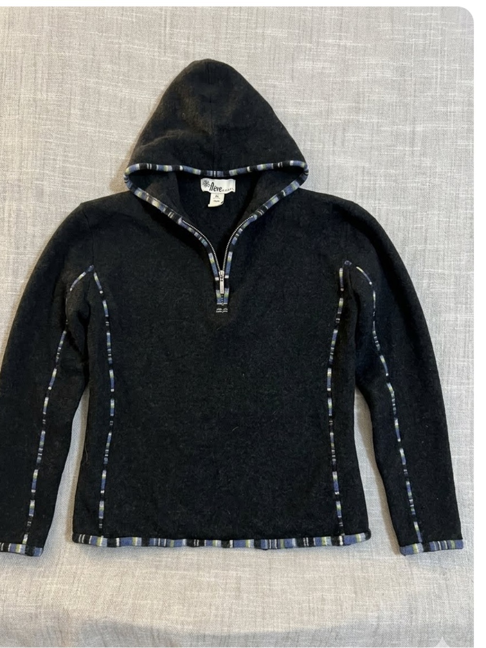 Kids 100% Merino Wool Black Hooded Quarter-Zip Ski Sweatshirt with Contrast Trim